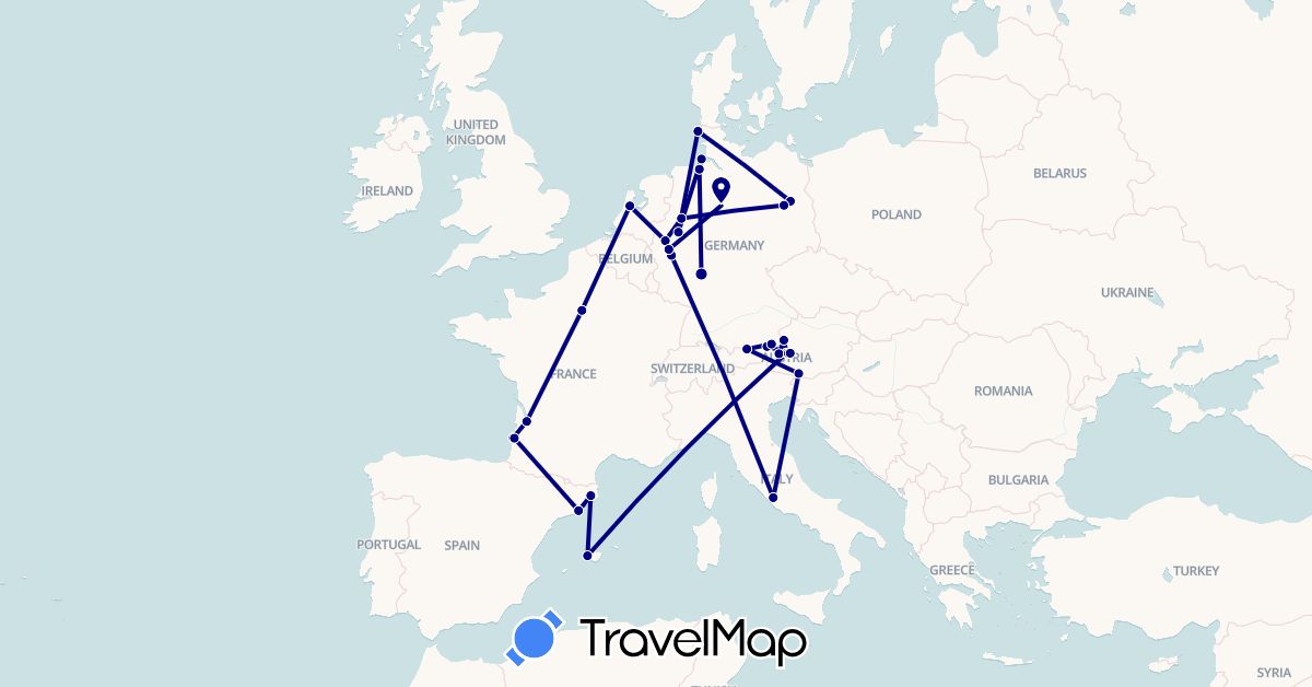 TravelMap itinerary: driving in Austria, Germany, Spain, France, Italy, Netherlands (Europe)